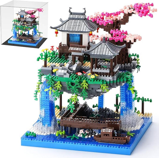 Cherry Blossom Bonsai Tree Building Block Sets with Acrylic Display Box Chinese Architecture of Peach Blossom Micro Mini Building Set Toy Gift for Kids Adults（3320 Pieces）