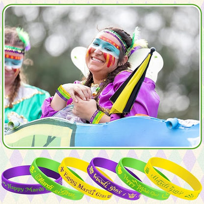 Yilloog Mardi Gras Silicone Bracelets Mardi Gras Parade Throws Bulk Party Favors Rubber Bracelets Party Supplies Decorations Goodie Bag Stuffers Fillers Silicone Wristbands(120 Pcs)