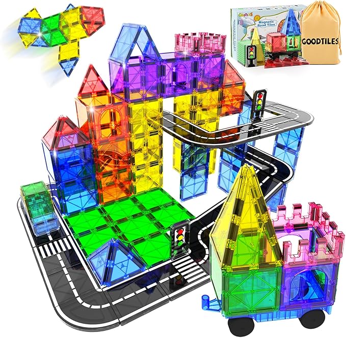 Magnetic Tiles Road Sets with Car Kits -Magnet Building Blocks Montessori Toys for Toddlers | Preschool Educational Sensory Construction Toys for Ages 3 4 5 6 7 Boys and Girls