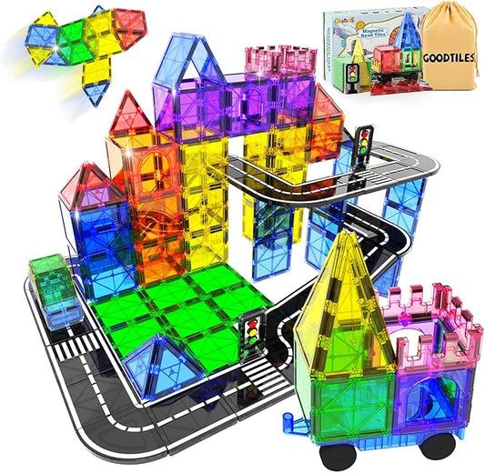 Magnetic Tiles Road Sets with Car Kits -Magnet Building Blocks Montessori Toys for Toddlers | Preschool Educational Sensory Construction Toys for Ages 3 4 5 6 7 Boys and Girls