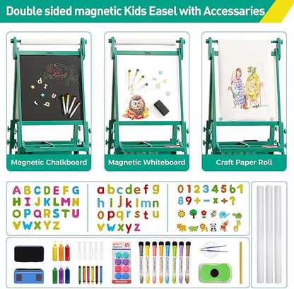 FUNLIO Foldable Anti-Warping Kids Art Easel, 3 Height Adjustable for Kids Aged 3-8, All-in-One Toddler Easel with Paper Roll, Standing Easel with Magnetic Chalkboard/Whiteboard - Green Foldable