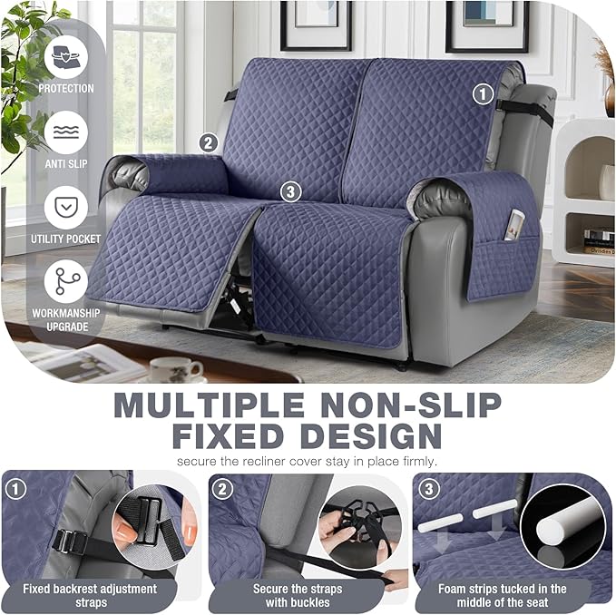 TAOCOCO Waterproof Recliner Loveseat Cover Non-Slip Sofa Slipcover, Pet Couch Cover for Loveseat Recliner with Straps, Washable Reclining Loveseat Cover Furniture Protector (2 Seater, Bluish Gray)