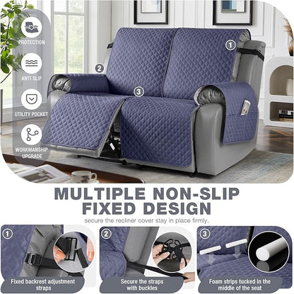 TAOCOCO Waterproof Recliner Loveseat Cover Non-Slip Sofa Slipcover, Pet Couch Cover for Loveseat Recliner with Straps, Washable Reclining Loveseat Cover Furniture Protector (2 Seater, Bluish Gray)