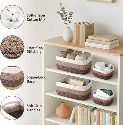 5-Pack Small Woven Rope Storage Baskets – 2 Sizes Organizer Bins for Closet, Shelf, Bookshelf, Nursery, Changing Table, Fabric Cube Boxes, Rectangular Shallow Bins for Bathroom, Toy & Home