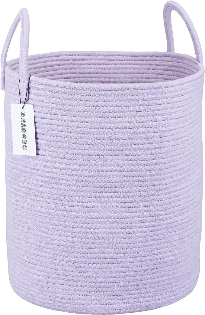 XUANGUO Rope Laundry Basket Hamper for Clothes Woven Storage Basket for Living Room Bedroom Boho Tall Rope Baskets for Blanket Toys Pillow Towels Baby Nursery Hamper Bin Large purple or lavender