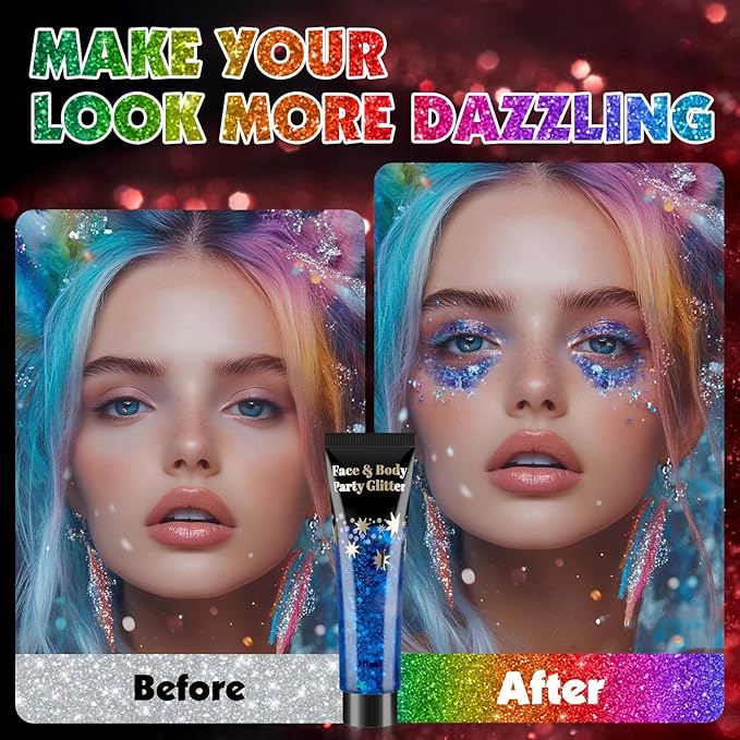 AROIC Face Glitter, 14Pcs St Patricks Day Accessories, Body & Hair Glitter Gel Sparkle Makeup Party Rave Outfits, Concerts Festival Face Paint，Rave Accessories Music Festivals Black Light Party