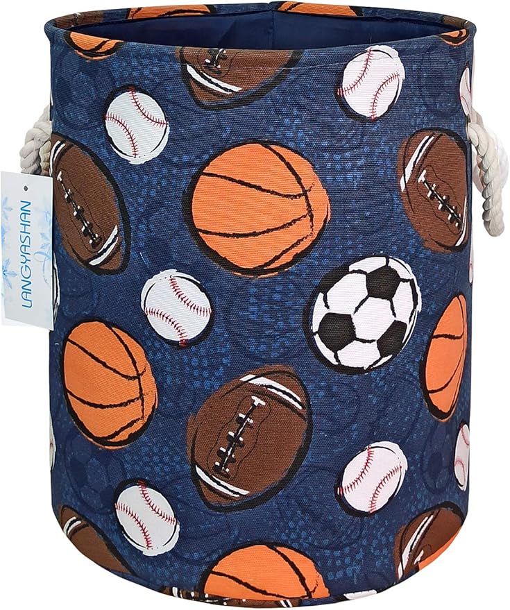 LANGYASHAN Laundry Basket Canvas Collapsible Organizer Storage Basket for Boys Girls Laundry Hamper Toy Bins Gift Baskets Bedroom Clothes Children Nursery (Navy Ball Game)