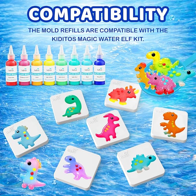 Kiditos Magic Water Elf Dinosaur Mold Set – 10 Reusable BPA Free Plastic Shapes for Creating Colorful Water Elves, STEM Craft Toy for Kids