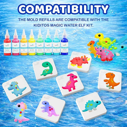 Kiditos Magic Water Elf Dinosaur Mold Set – 10 Reusable BPA Free Plastic Shapes for Creating Colorful Water Elves, STEM Craft Toy for Kids