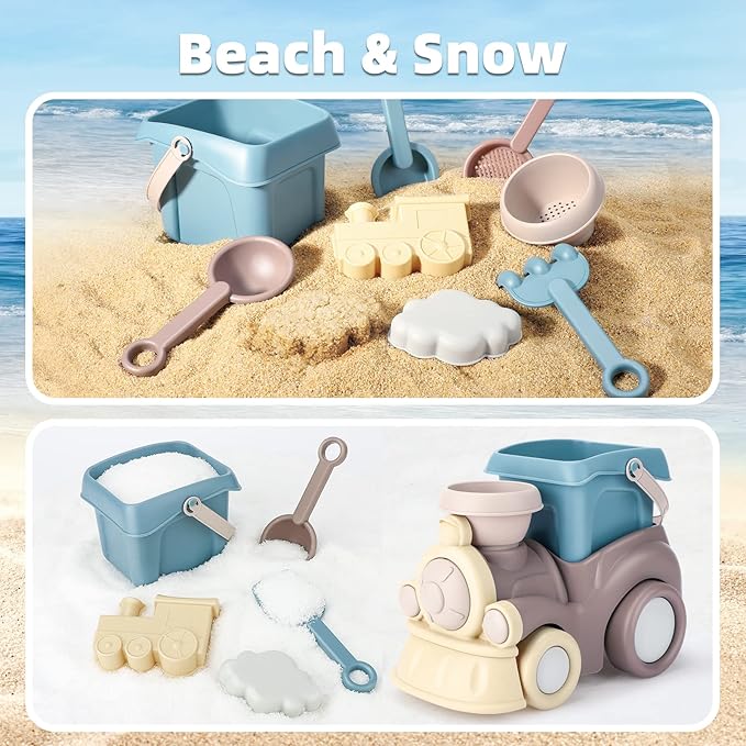 QLT Beach Toys for Toddlers - Kids Sand Toys Include Train Beach Truck, Beach Bucket, Scoop, Trowel, Colander, Rake, Sand Castle Toys - Sandbox Toys with Gift Box