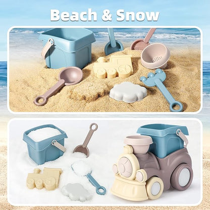 QLT Beach Toys for Toddlers - Kids Sand Toys Include Train Beach Truck, Beach Bucket, Scoop, Trowel, Colander, Rake, Sand Castle Toys - Sandbox Toys with Gift Box