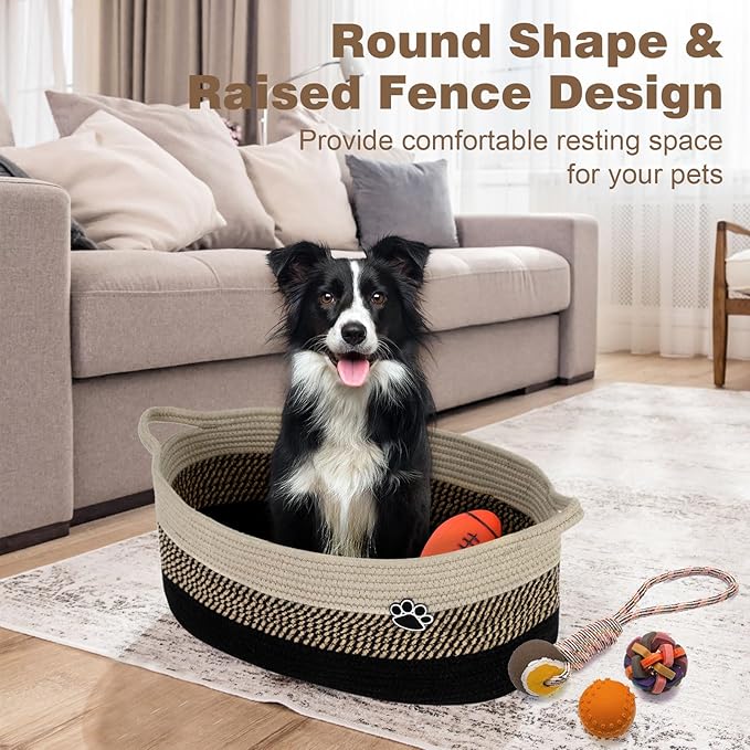 Optish Dog Toy Basket, Toy Box and Bin for Dog Cat Storage, 19.7" X 11" X 7.9" (30L) Large Woven Rope Basket for Blanket Storage, Living Room, Bedroom, Black & Brown