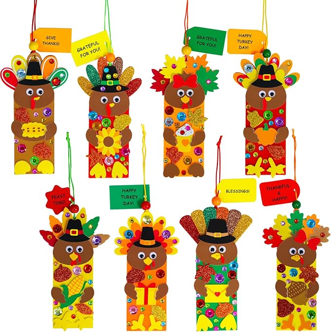 Winlyn 24 Sets Thanksgiving Turkey Craft Kits Fall Kids Crafts DIY Thanksgiving Turkey Bookmarks Art Sets Autumn Leaf Turkey Foam Stickers Arts and Crafts for Kids Party Favors Classroom Activities