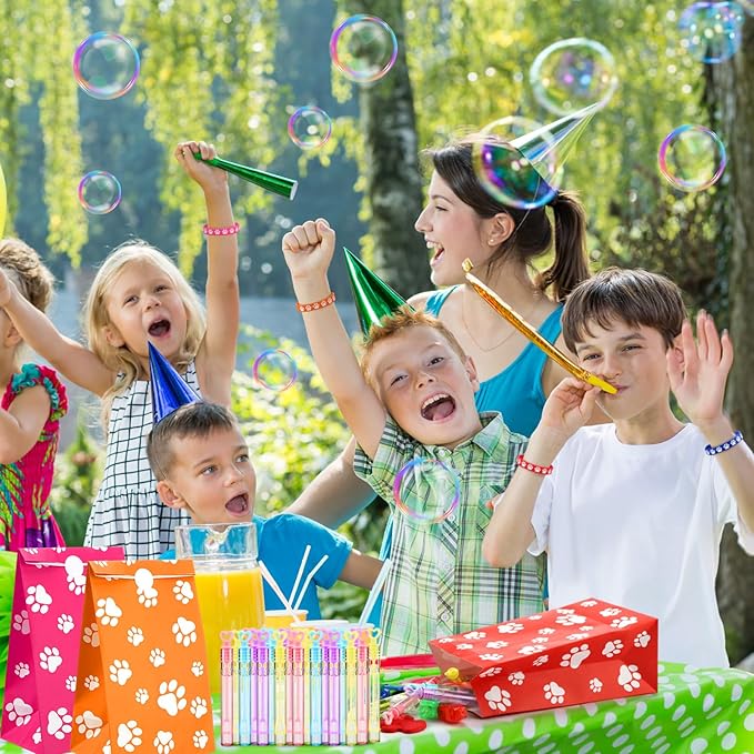 150 Pcs Paw Print Party Favors Cute Puppy Party Favors Paw Print Party Bags Paw Print Keychain Bubble Wands LED Finger Lights Silicone Bracelet DIY Stickers Boys Girl Dog Birthday Party Gift