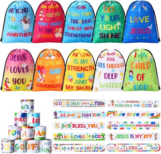 Frienda 10 Sets Christian Gift Bags Bulk Bible Verse Drawstring Bags with Jesus Slap Bracelets Religious Party Favors Gifts Jesus Loves You for Sunday School Classroom Prizes Party Supplies(Stylish)
