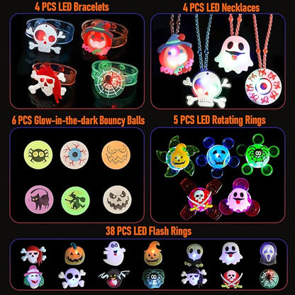 Halloween Party Favors for Kids - 57 PCS Halloween Decorations LED Flash Rings Light Up Necklaces Halloween Toys, Glow in the Dark Halloween Party Supplies, Halloween Gifts/Halloween Treats for Kids
