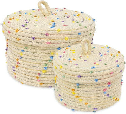 Esme L&H Round Storage Baskets with Lids,Small Storage Baskets Set of 2,Cotton Rope Woven Storage Basket,Small Decorative Basket, Colorful Rainbow Pompom, Cute Storage Bins, Box for storage