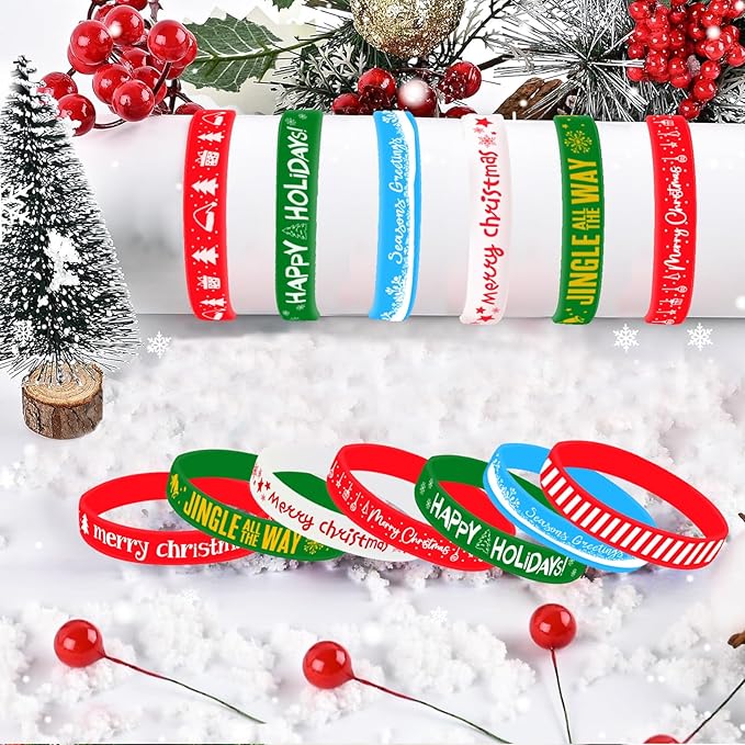 Morcheiong 42 Pieces Christmas Rubber Bracelets 7 Classic Design Silicone Wristbands for Merry Xmas Party Favors (Mixed Color)