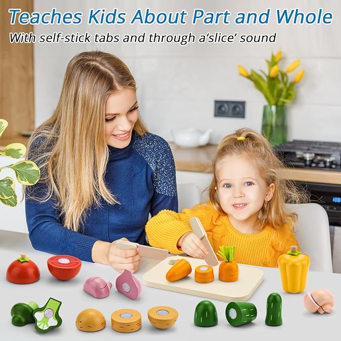 Cutting Vegetable Set - Wooden Play Food Kitchen Accessory, Multi - Pretend Play Accessories, Wooden Cutting Fruit Toys for Toddlers and Kids Ages 3+