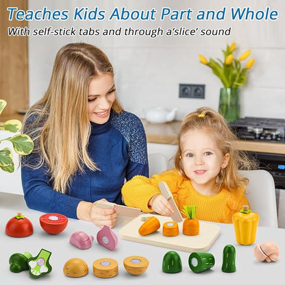 Cutting Vegetable Set - Wooden Play Food Kitchen Accessory, Multi - Pretend Play Accessories, Wooden Cutting Fruit Toys for Toddlers and Kids Ages 3+