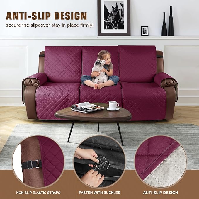 KinCam Recliner Sofa Covers for 3 Seat, 100% Waterproof Reclining Couch Covers, Non-Slip Recliner Couch Cover Furniture Protector with Elastic Straps for Pets, Kids, Burgundy