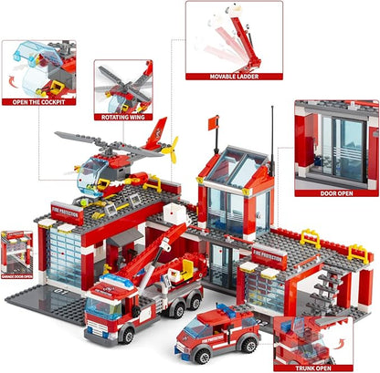 QLT QIAOLETONG City Fire Station Building Kit, 774 Pcs Building Set Including Fire Station, Fire Truck, Fire Helicopter,Fire Fighter, City Building Blocks STEM Toys Gift for Boys 6-10 Years Old.