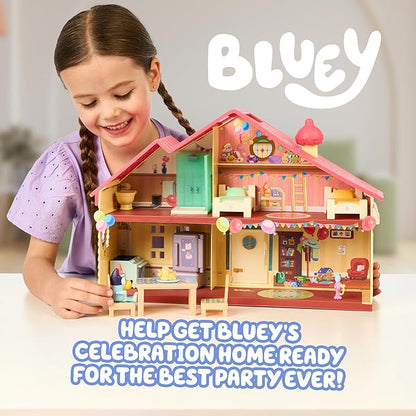 Bluey Celebration Home Playset, Portable Birthday Party Toy House with 11 Removable Accessories and 2.5” Figure, House Toys for Kids of Ages 3+