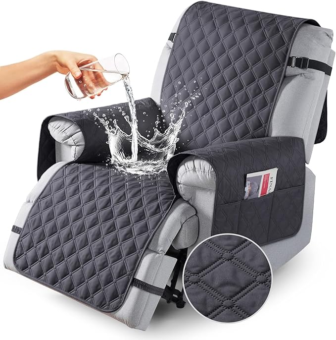 TAOCOCO 100% Waterproof Recliner Covers, Recliner Sofa Covers with Leg Straps, Reversible Recliner Couch Cover for Reclining Chair, Washable Couch Protector for Pets Kids(1 Seater 28", Charcoal Gray)