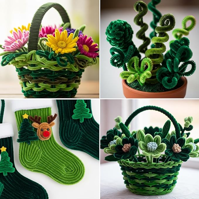 Caydo 300 Pieces Green Pipe Cleaners for Easter Decorations, Thick Fluffy Chenille Stems Bulk for Flowers Making, Kids Creative Arts & Crafts Projects