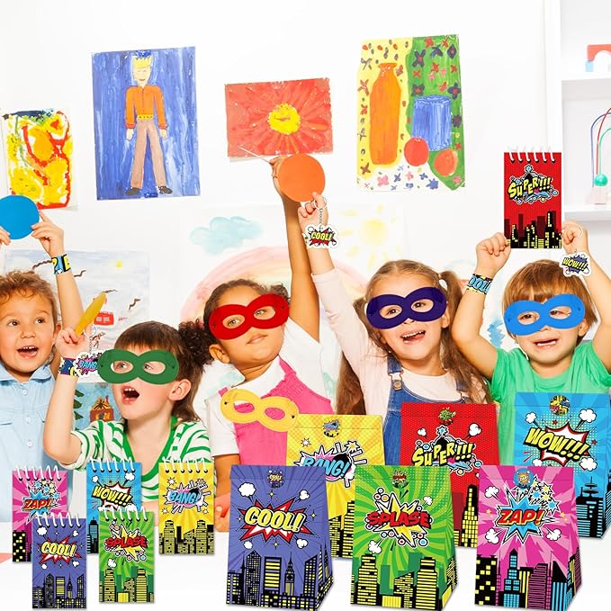 84pcs Hero Themed Super Party Favors with Colorful Paper Gift Bag Notepad Pen Slap Bracelet Key Chain Eye Mask Sticker Comic Hero Themed Party Supplies for Boy Girl Birthday Classroom Games Activities