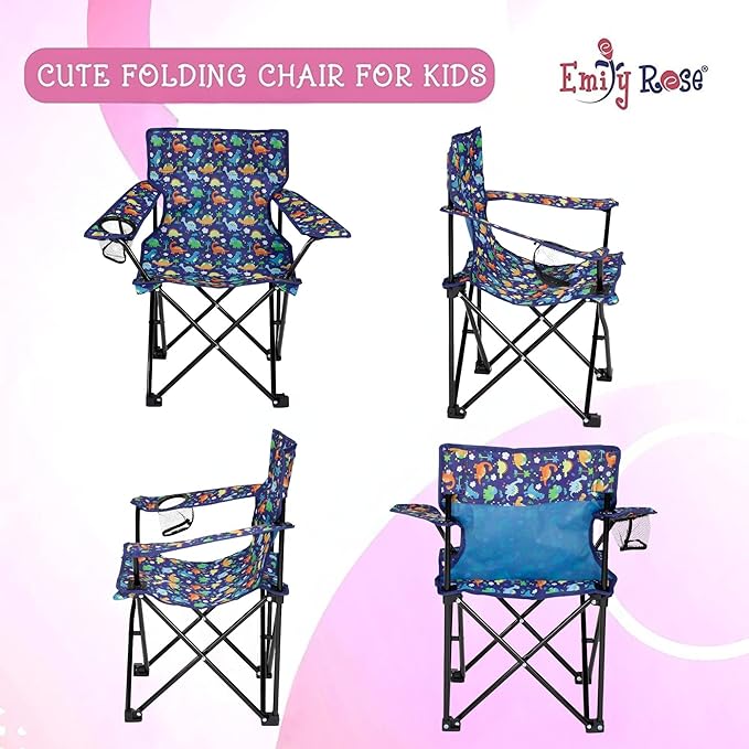 Emily Rose Kids Folding Chair | Beach Chair with Safety Lock- Camping Chair for Boys Girls Toddler with Cup Holder & Carry Case- Tailgate, Travel, Lawn- for Indoor & Outdoor (Playful Dinosaurs)