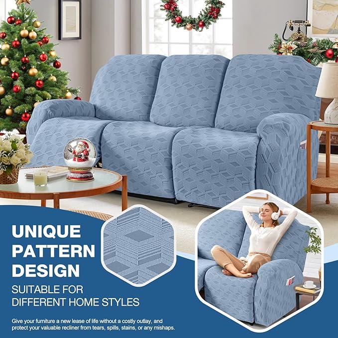 TAOCOCO Recliner Sofa Covers Stretch Reclining Couch Cover, Jacquard Recliner Couch Cover for 3 Seat Furniture Protector Sofa Slipcovers with Elastic Bottom for Kids, Pets (Light Blue)