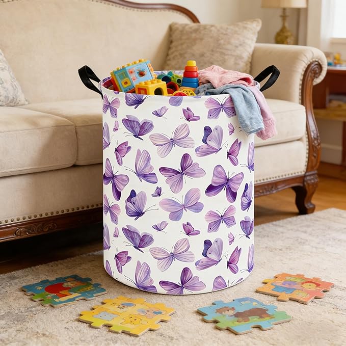 Butterfly hamper,Purple Laundry Basket,Baby Nursery Hamper,Waterproof foldable girls toy storage box,Dirty Clothes Hampers,Flower house decor(Purple Butterflies)