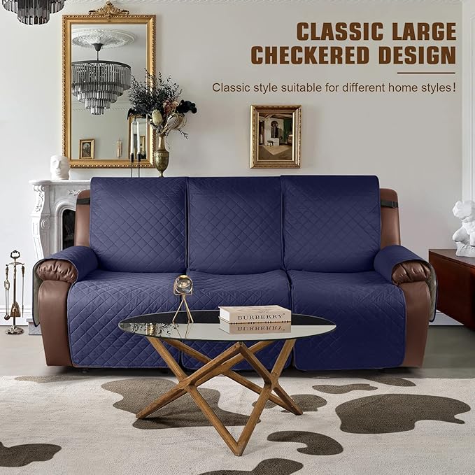 KinCam Waterproof Recliner Sofa Cover, Non-Slip Reclining Couch Covers for 3 Seat, Recliner Couch Cover Furniture Protector with Elastic Straps for Pets, Kids, Dark Blue