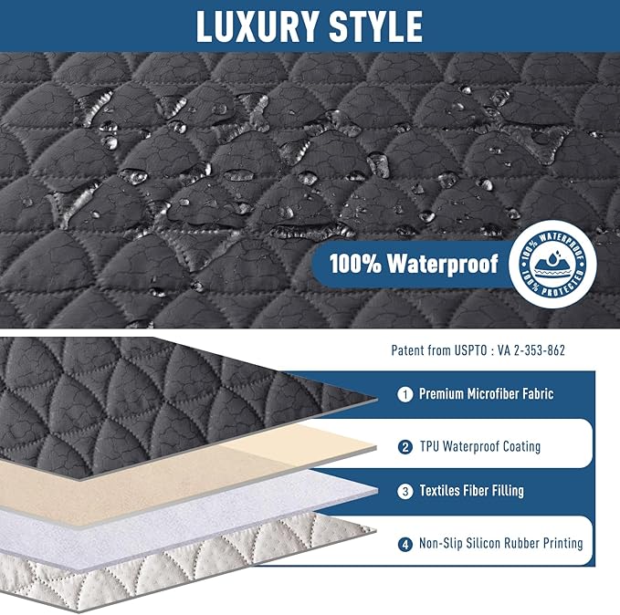 TAOCOCO 100% Waterproof Recliner Cover -Loveseat Recliner Cover with Center Console,Non-Slip Reclining Couch Covers for 2 Seat,with Elastic Straps Pocket for Kids, Dogs(Black Gray, 2 Seater XL)