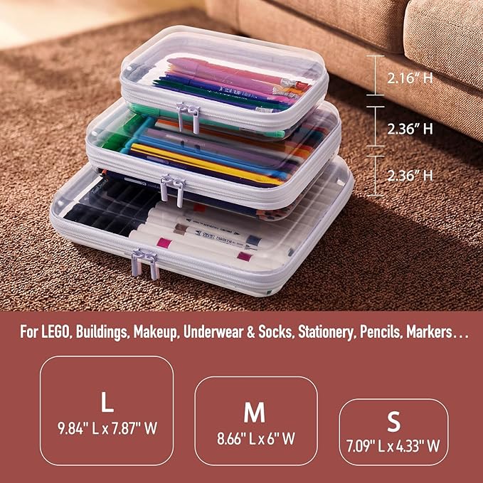 MACOPRO 6PCS Clear Zipper Pouches, Christmas Item Storage Bins, Zippered Hard Pouch Double, Portable Makeup and Cosmetic Bag, Kid's Toy Storage Organizer Bins, Hard Plastic Case, Clear Zipper Bags