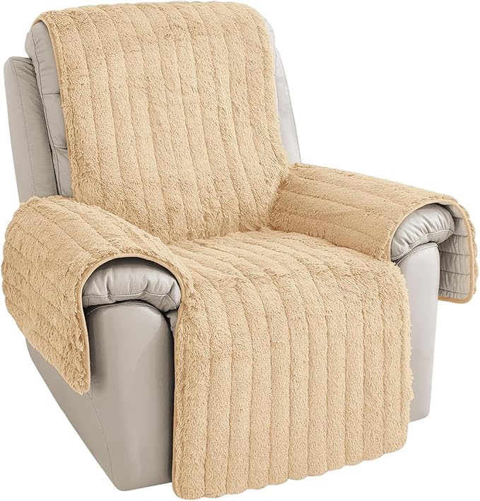 RBSC Home Plush Recliner Slipcover 30 Inches Beige Chair Covers Artificial Wool Lazy Boy Cover Quilted Cover for Recliner Chairs and Furniture Soft Warm