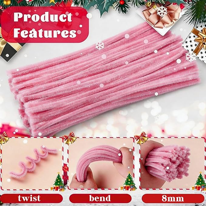 VZF Pink Pipe Cleaners Craft Supplies,Chenille Stems for Art and Craft Projects Creative DIY Decorations,Room Decor,Christmas Ornaments,The Pink Stuff Wrapping Pape,Lovely Girl Toys,Halloween Decor