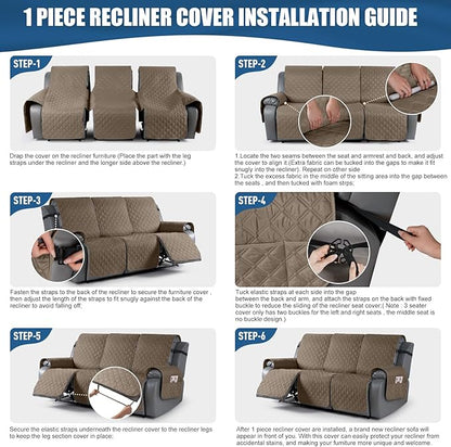 TAOCOCO 100% Waterproof Recliner Covers, Recliner Sofa Covers with Leg Straps, Reversible Recliner Couch Cover for Reclining Chair, Washable Couch Protector for Pets Kids(3 Seater, Khaki)
