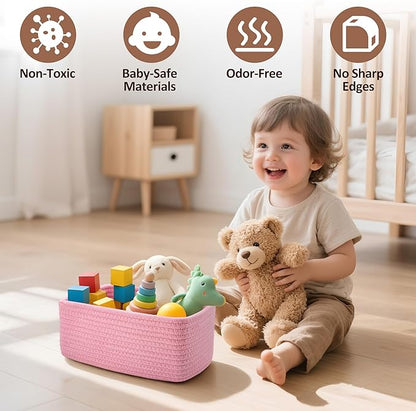 5-Pack Small Woven Rope Storage Baskets – 2 Sizes Organizer Bins for Closet, Shelf, Bookshelf, Nursery, Changing Table, Fabric Cube Boxes, Rectangular Shallow Bins for Bathroom, Toy & Home