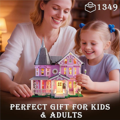 Pink Palace House Building Set with Lights, 1349PCS Halloween Haunted House Blocks Compatible with Lego, Christmas Birthday Gifts for Kids Adults Aged 8+