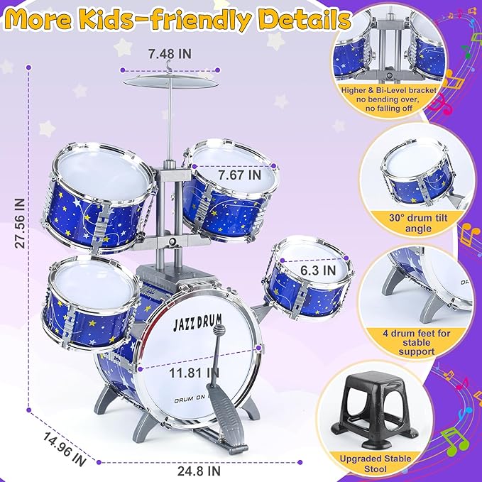Upgraded Kids Drum Set for Toddlers 1-3, Kids Jazz Drum Ages 3-5, Star Light up Musical Instrument Toys for Boys Girls 2-5 4-6 5-7 ( All Plastic)