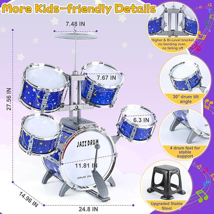 Upgraded Kids Drum Set for Toddlers 1-3, Kids Jazz Drum Ages 3-5, Star Light up Musical Instrument Toys for Boys Girls 2-5 4-6 5-7 ( All Plastic)