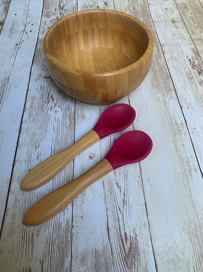 Babynow Bamboo Baby Spoons Self-Feeding Supplies for 6+ Months Babies & Toddlers in Bamboo & Soft Tip Designs BURGUNDY Pack of 2
