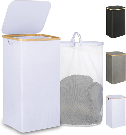 iEGrow 110L Laundry Hamper with Lid，Dirty Clothes Hampers for Laundry,Laundry Basket with Bamboo Handles and Removable Bag,Hamper for Bedroom, Bathroom, Dorm, Laundry Room, White