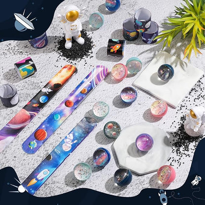 32 Pieces Space Bouncy Balls Slap Bracelets Set, Inclued 16 Space Slap Bracelets and 16 Rubber Space Theme Galaxy Bouncy Balls for Outer Space Birthday Party Favors Supplies Toys Bag Fillers
