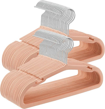 SONGMICS Baby Hangers 50 Pack, 11 x 6.9 Inches, Kids Hangers for Closet, Non-Slip Velvet Hangers, Childrens Hangers, Space-Saving Clothes Hangers, Wide Shoulder Notches, Coral Pink UCRF037R01
