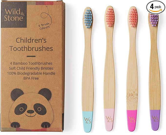 Wild & Stone Organic Children's Bamboo Toothbrush | 4 Pack Candy Colour | Soft Fibre Bristles | 100% Biodegradable Handle | BPA Free | Vegan Eco Friendly Kids Toothbrushes