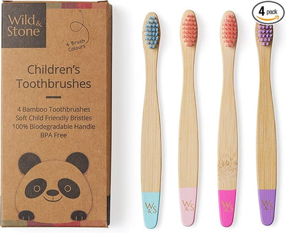 Wild & Stone Organic Children's Bamboo Toothbrush | 4 Pack Candy Colour | Soft Fibre Bristles | 100% Biodegradable Handle | BPA Free | Vegan Eco Friendly Kids Toothbrushes
