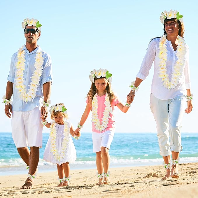 HOBBY HORSE 12 Pieces Hawaiian Luau Flower Leis Halloween Decor Leis White Necklaces Bracelets Headband Anklets Set Tropical Party Favor for Halloween Cosplay Beach Wedding Birthday Party Supplies